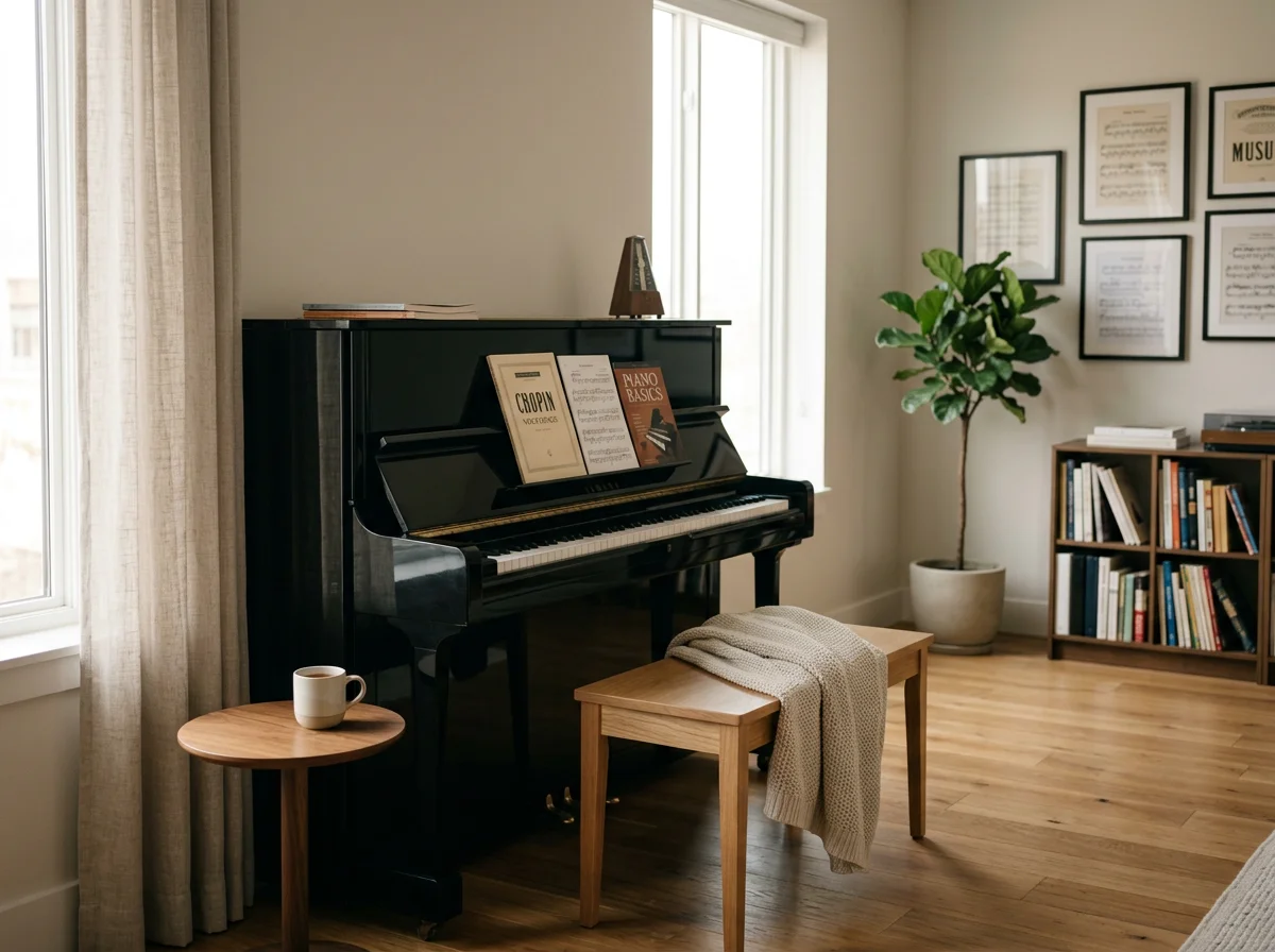 Living room with a black upright piano, a small round wooden table with a coffee mug, a wooden bench with a beige throw blanket, a large houseplant, and a bookshelf, with framed music sheets on the wall and a window with curtains.