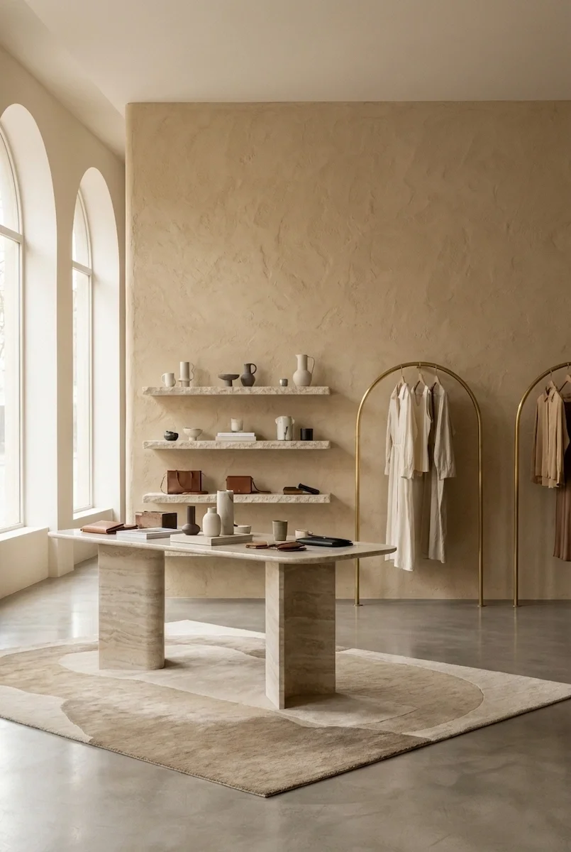 High-end boutique interior with warm beige textured plaster walls, stone shelving, and arched windows.