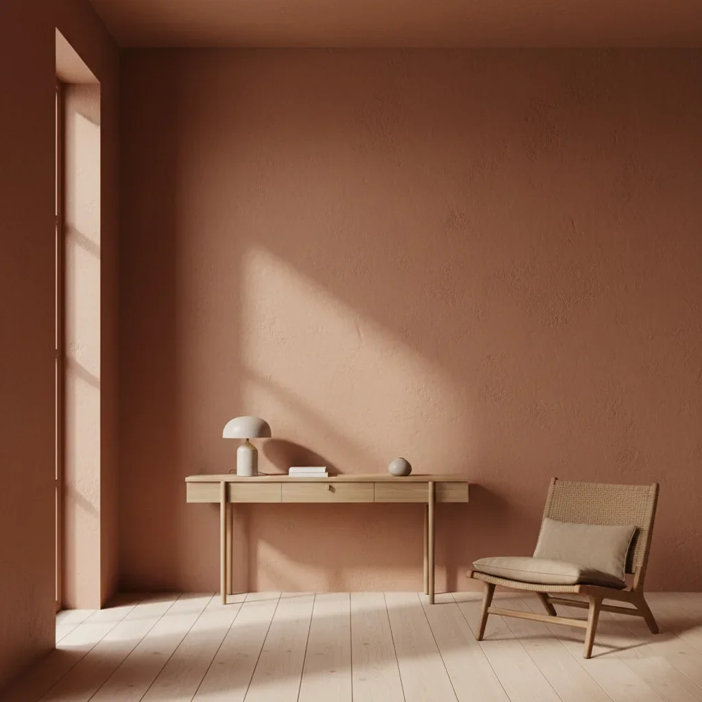 Minimalist luxury space featuring a natural clay finish in warm terracotta tones, highlighting the organic, matte texture of the walls.
