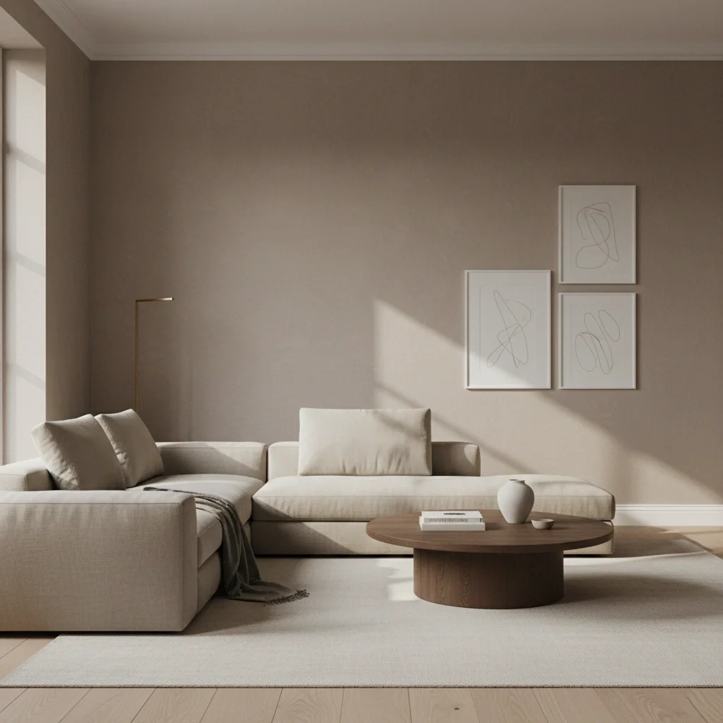 Minimalist living space highlighting a hand-troweled matte Venetian plaster wall with a smooth, earthy texture and natural light casting soft shadows.