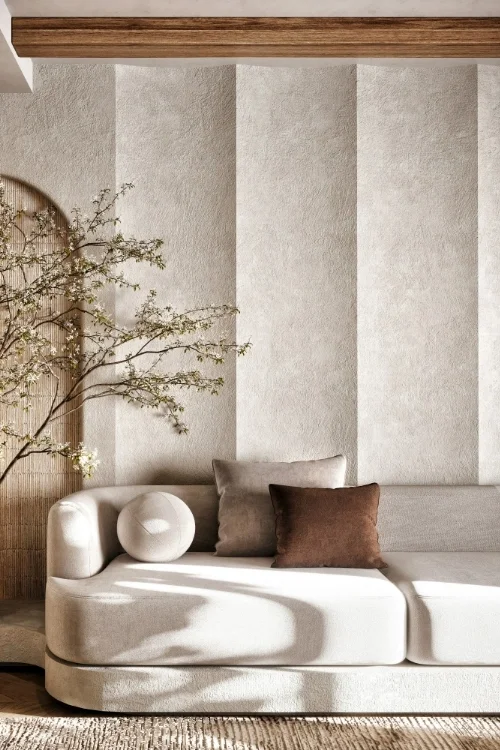 Wabi-Sabi Living Room with Fluted Venetian Plaster Wall Detail