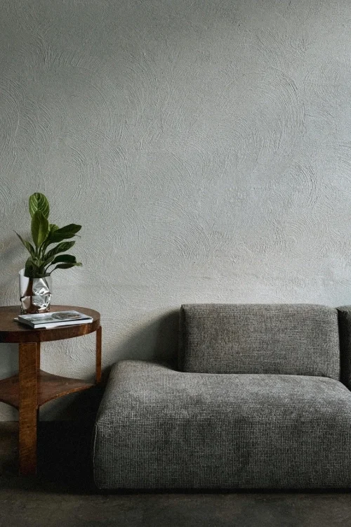  A close-up of a grey Venetian plaster wall with a decorative circular swirl texture behind a modern grey sofa and a wooden side table with a green plant. 