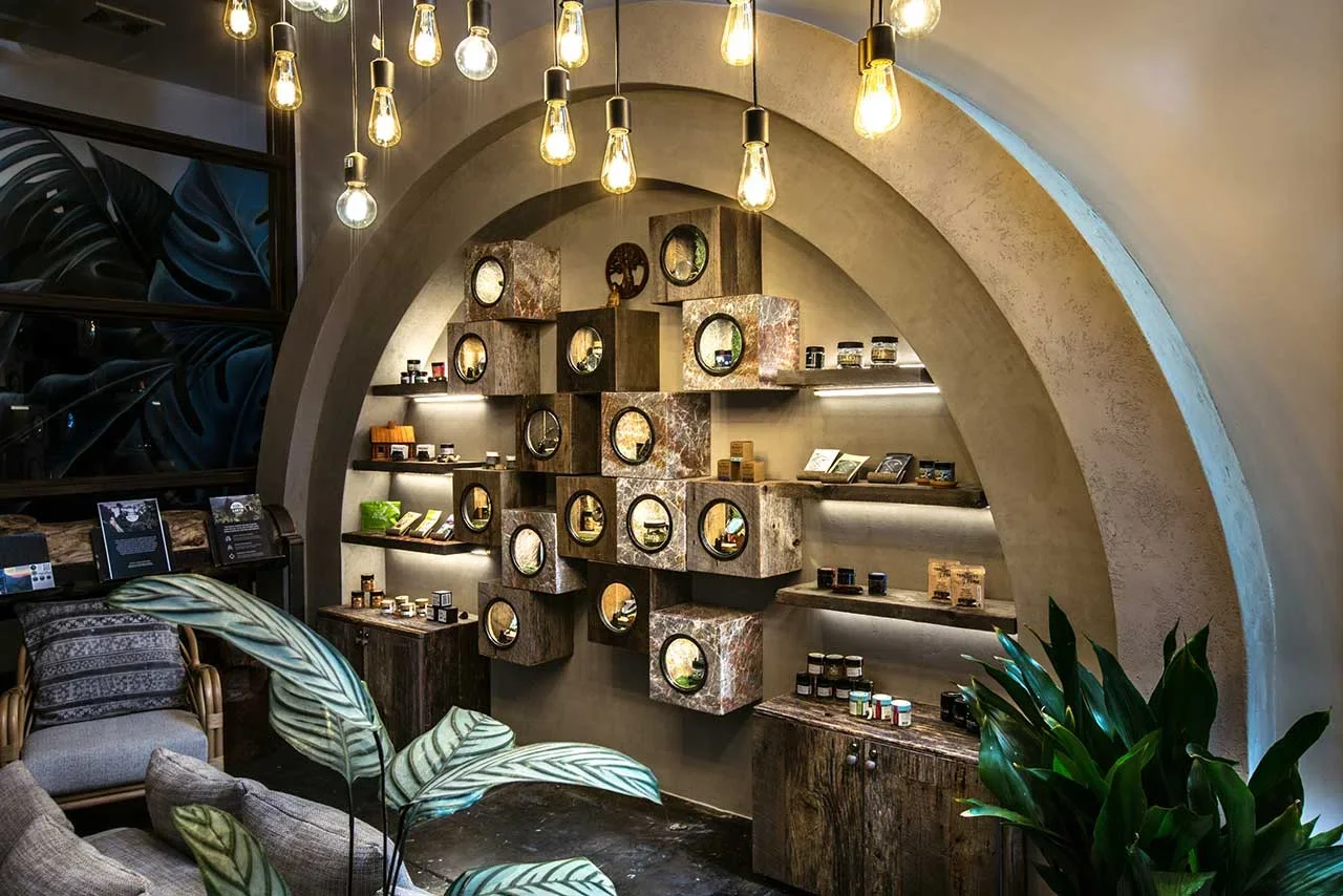the-woods-weho-luxury-dispensary-venetian-plaster-arched-display.webp