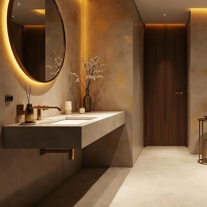 Luxury bathroom featuring a custom textured plaster finish with a distressed, artistic surface and metallic gold accents, creating a unique backdrop for a freestanding tub.