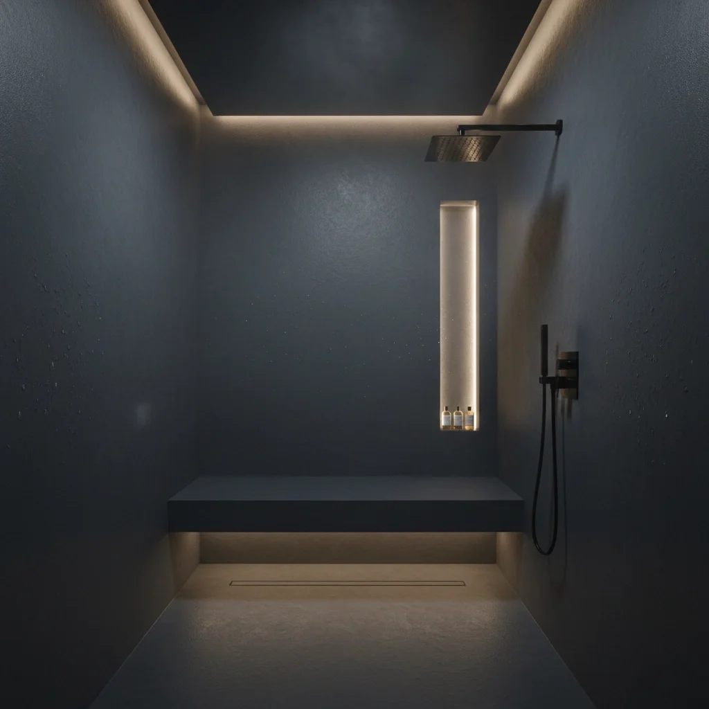 Modern luxury shower featuring a seamless, dark waterproof plaster finish with integrated lighting and a built-in bench, offering a durable and grout-free alternative to tile.
