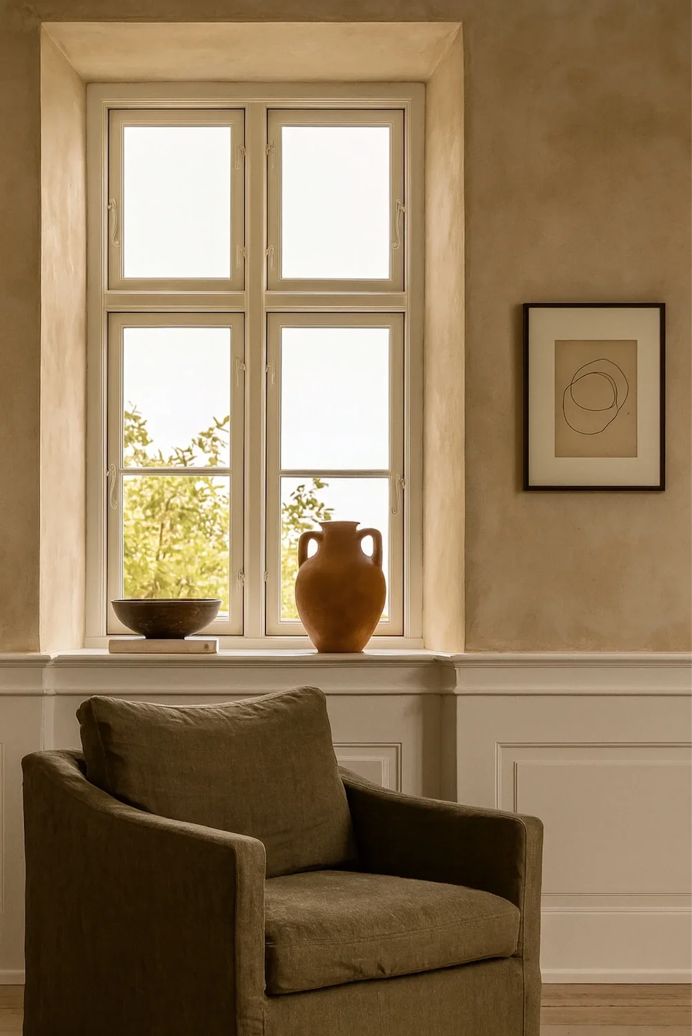 A cozy corner with a beige armchair facing a window, decorated with a ceramic vase and a bowl on the windowsill, with abstract art on the wall.
