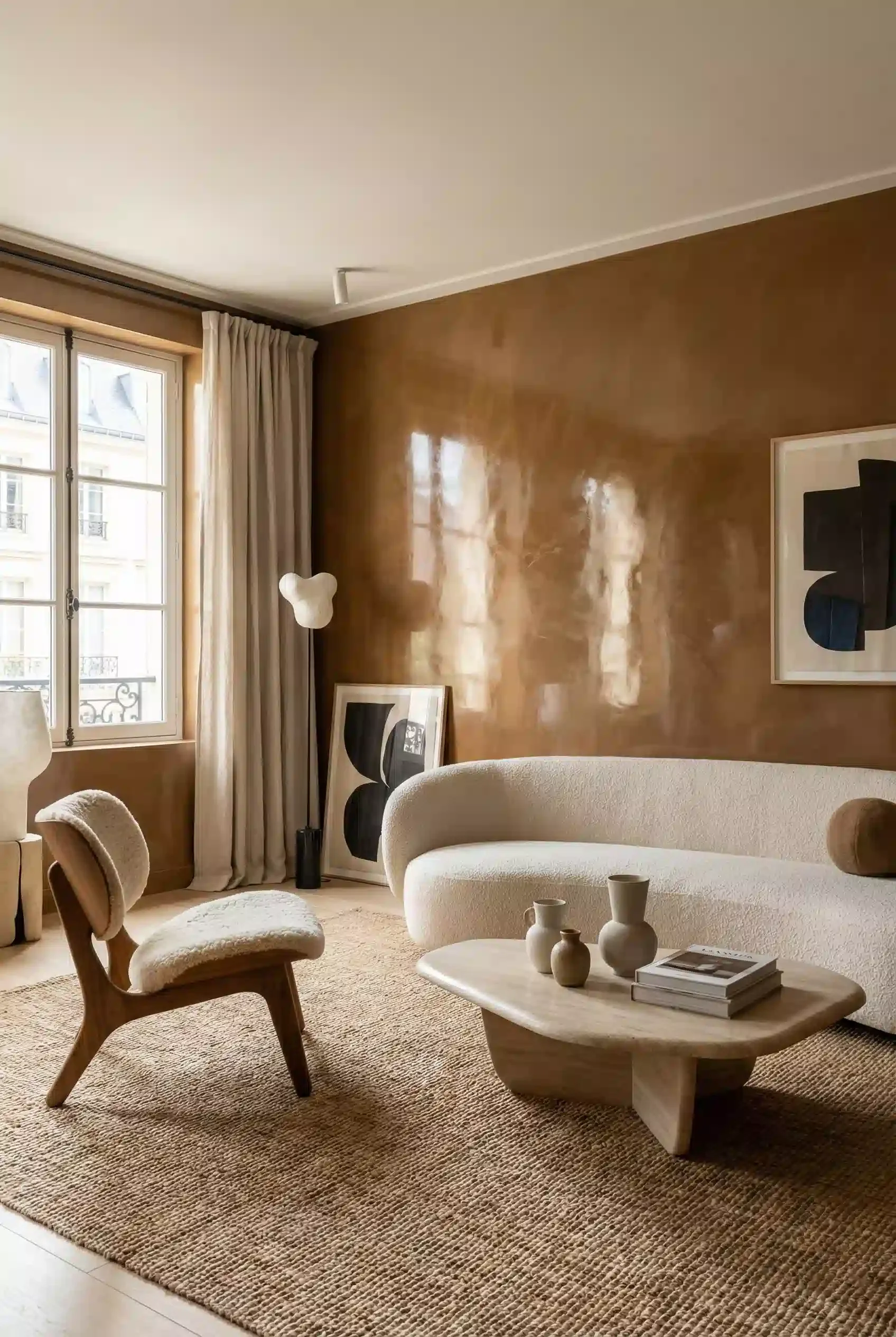 High-gloss Venetian plaster feature wall in a luxury living room, showcasing a hand-applied polished plaster surface with rich brown tones, organic movement, and a reflective mirror-like finish that captures and amplifies natural daylight.