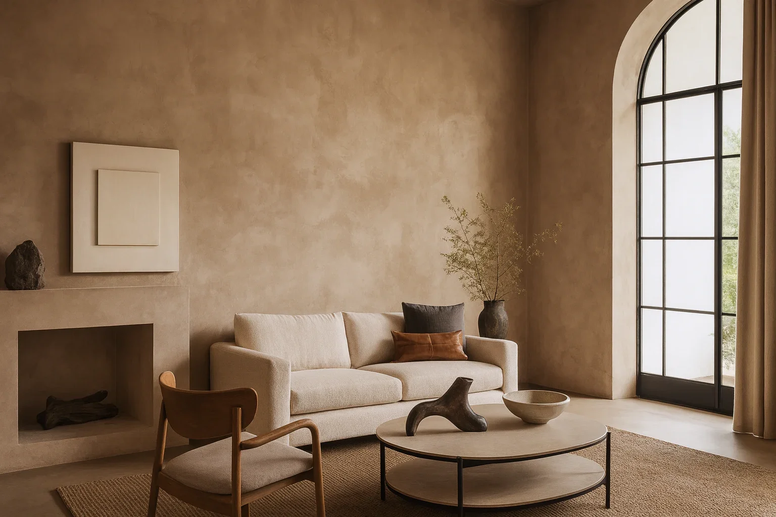 Serene living space showcasing expert Venetian plaster application in warm beige tones, featuring a custom minimalist plaster fireplace and a large black-framed arched window.