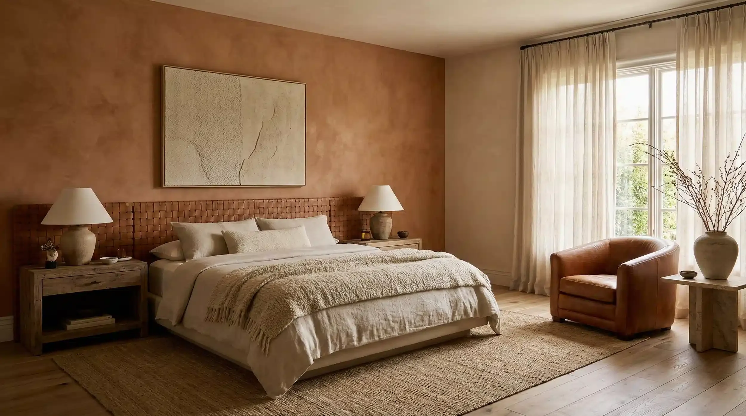 Serene bedroom featuring a textured terracotta clay plaster wall behind a woven leather headboard, illuminated by soft natural light through sheer curtains.