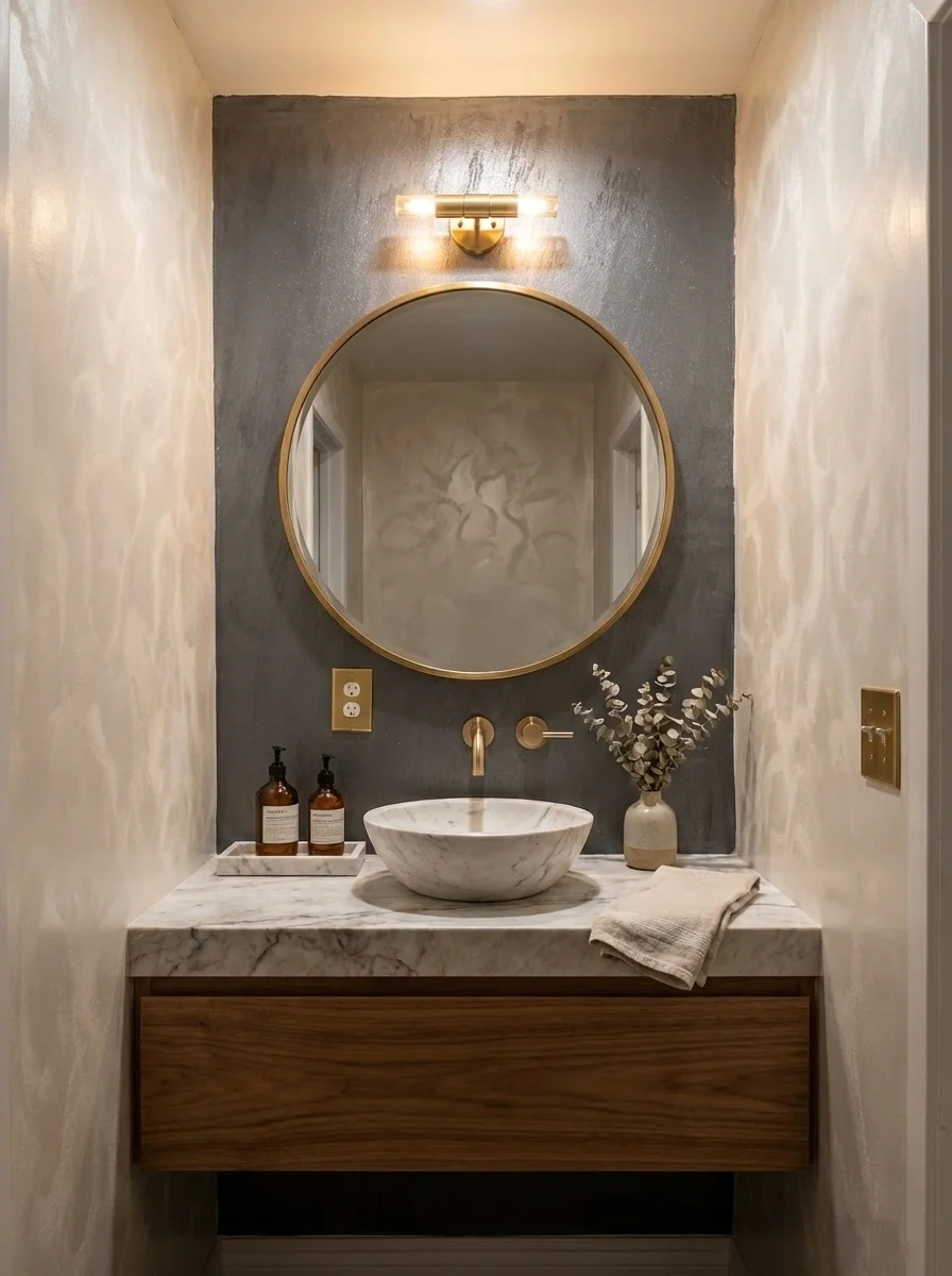 A high-end powder room featuring shimmering Metallic Sahara plaster walls in a light neutral tone, a dark charcoal accent wall, and a marble vessel sink with elegant gold fixtures.