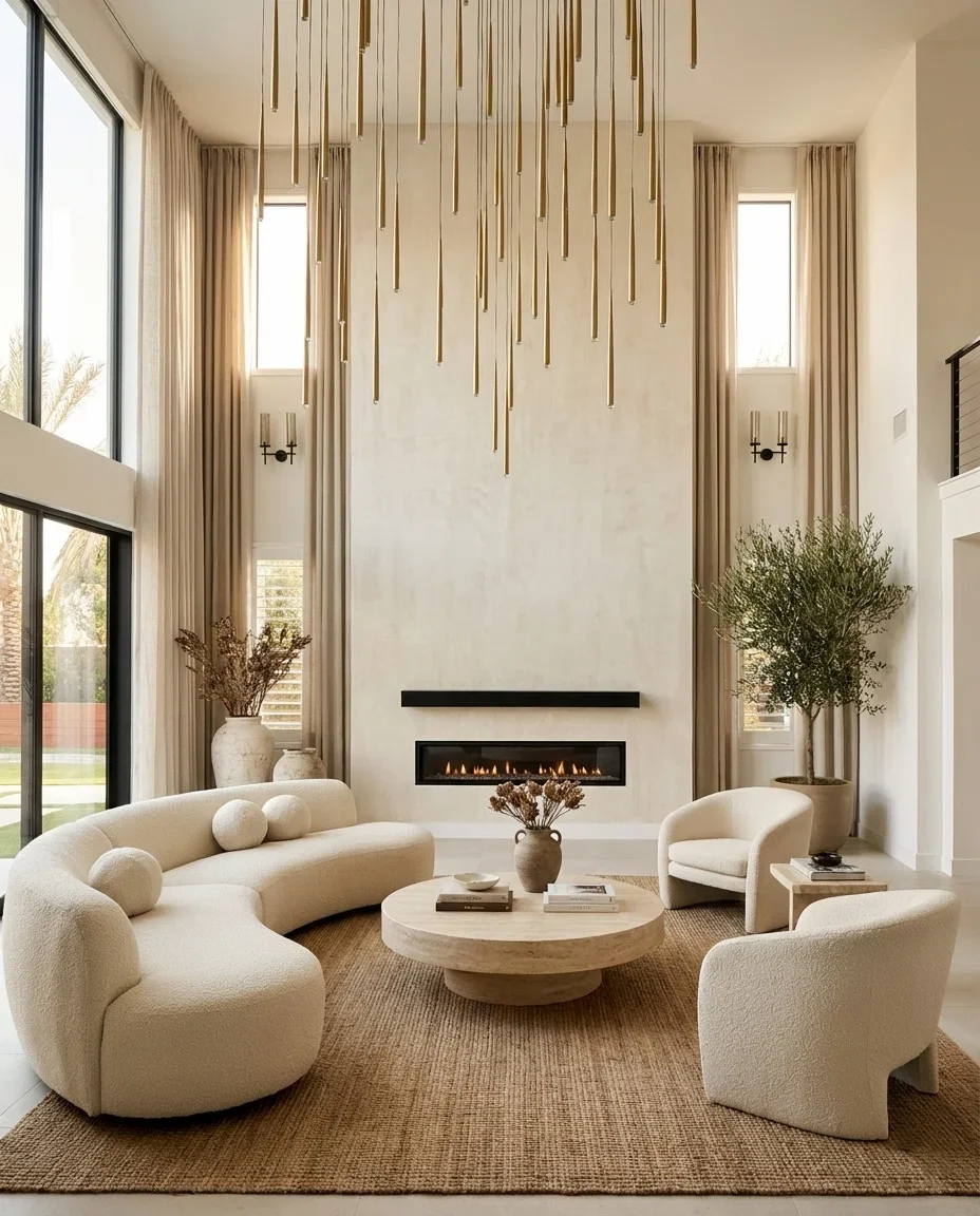 Modern living room with a tall textured plaster fireplace, curved white sofa, and dramatic gold lighting.