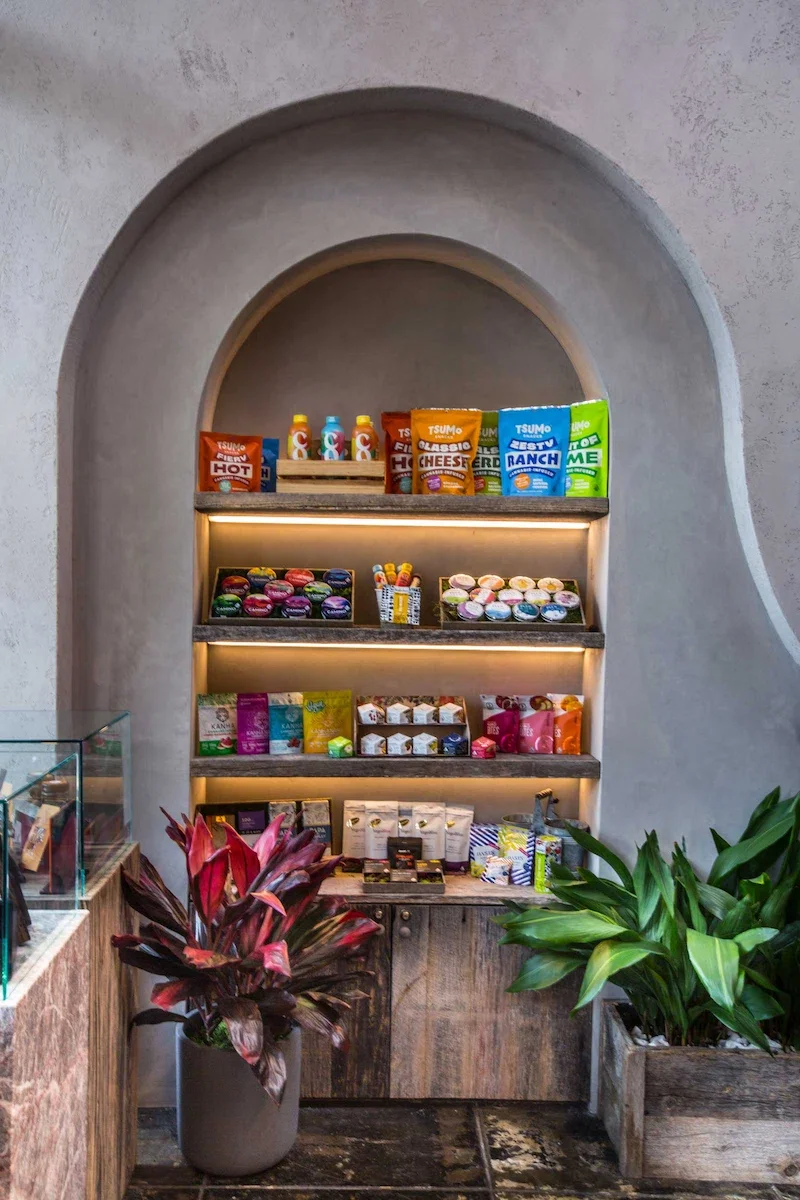 Artisan Venetian plaster recessed arch with illuminated wood shelving and vibrant product displays at The Woods West Hollywood.