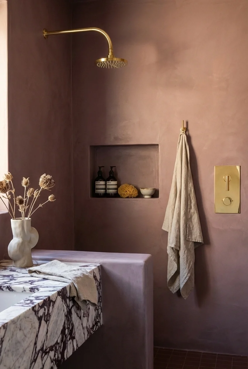 Modern bathroom with seamless dusty rose microcement walls, a brass shower head, and bold viola marble vanity.