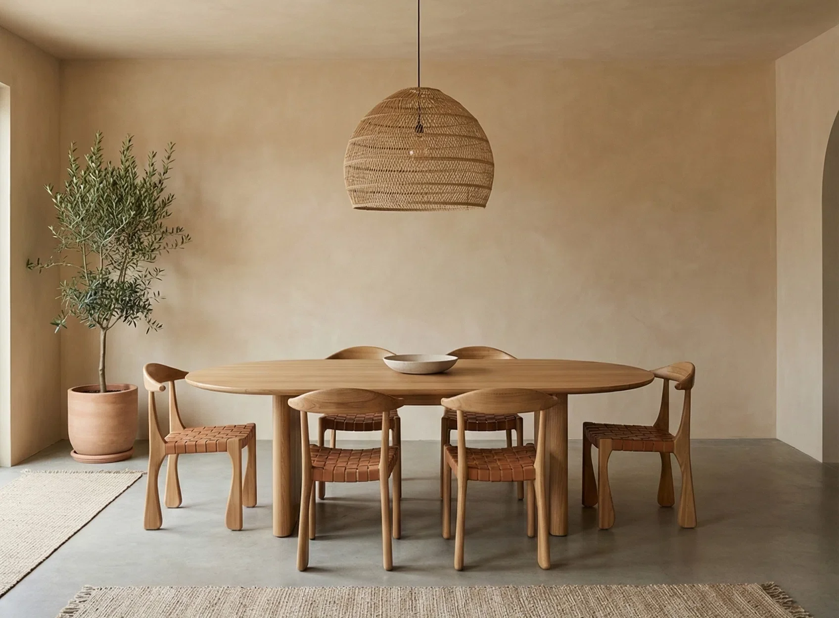 Minimalist dining room featuring walls finished in warm beige limewash paint with a soft, cloudy texture, styled with light oak furniture and a woven pendant light.