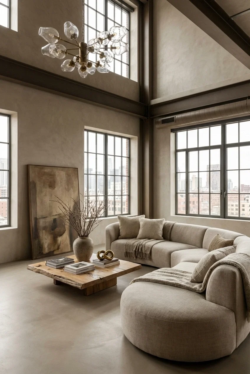 Industrial loft with seamless microcement walls and floors, a curved sectional sofa, and large city-view windows.