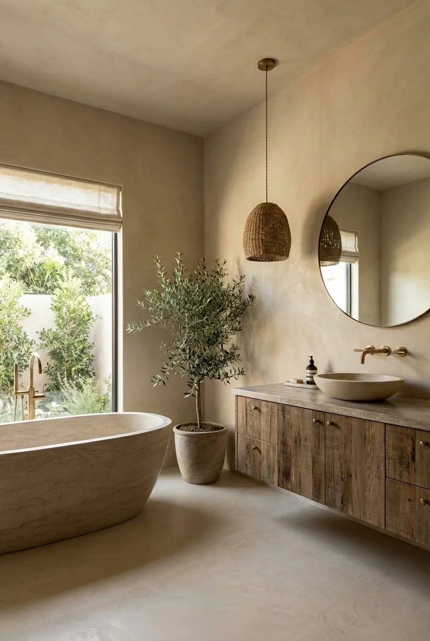 A serene luxury bathroom featuring seamless warm sand-toned waterproof Venetian plaster on the walls and floors, a custom stone soaking tub, a rustic wooden floating vanity, and organic wabi-sabi decor.
