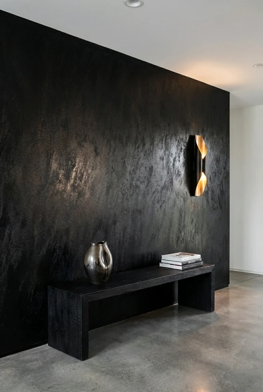 A luxurious, dark metallic Sahara finish Venetian plaster accent wall. The textured surface shimmers with bronze and copper tones under the light of a modern brass wall sconce, with a minimalist black bench below.