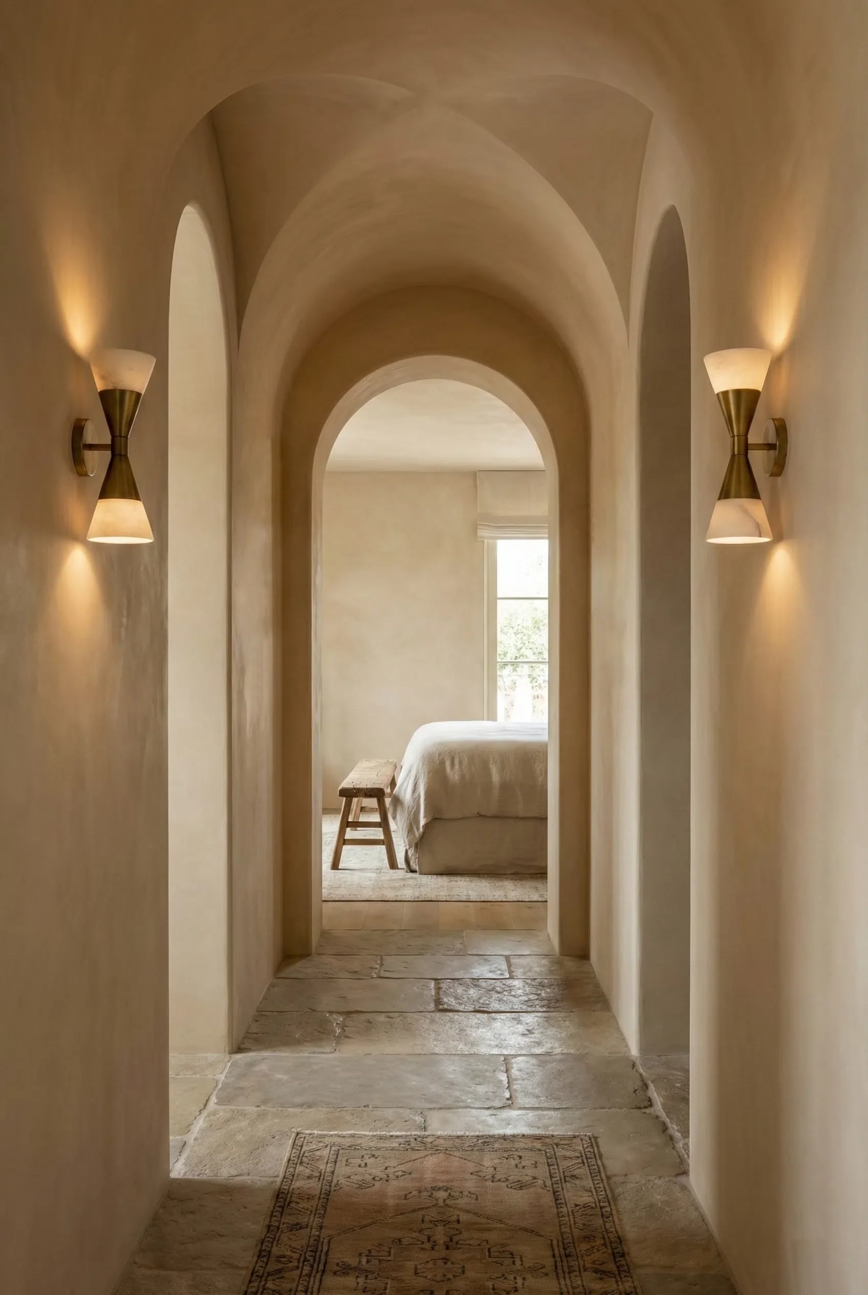 Arched hallway with matte Venetian plaster walls, featuring soft neutral plaster surfaces, warm wall sconces, stone flooring, and a view into a minimalist bedroom with natural light.