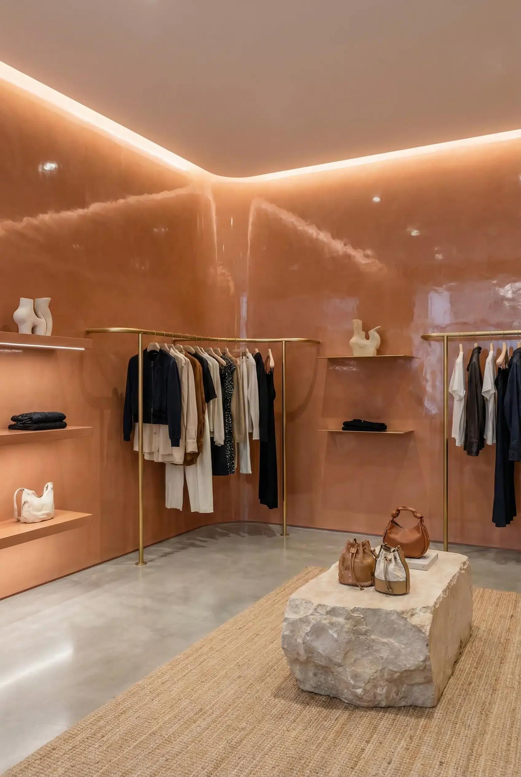 High-gloss Venetian plaster walls in a luxury retail interior, showcasing a hand-applied polished plaster finish with a smooth mirror-like sheen, subtle tonal movement, and warm terracotta coloration that reflects ambient lighting.