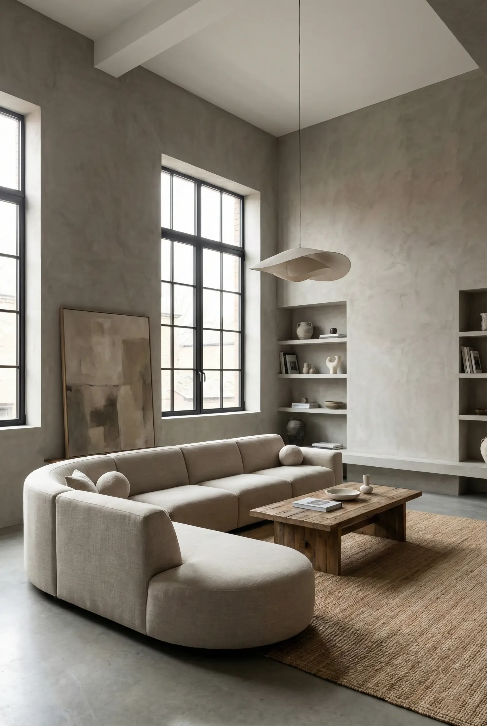 Expansive minimalist living room featuring a seamless polished concrete plaster finish on high walls, paired with a large curved linen sofa and rustic wood coffee table.
