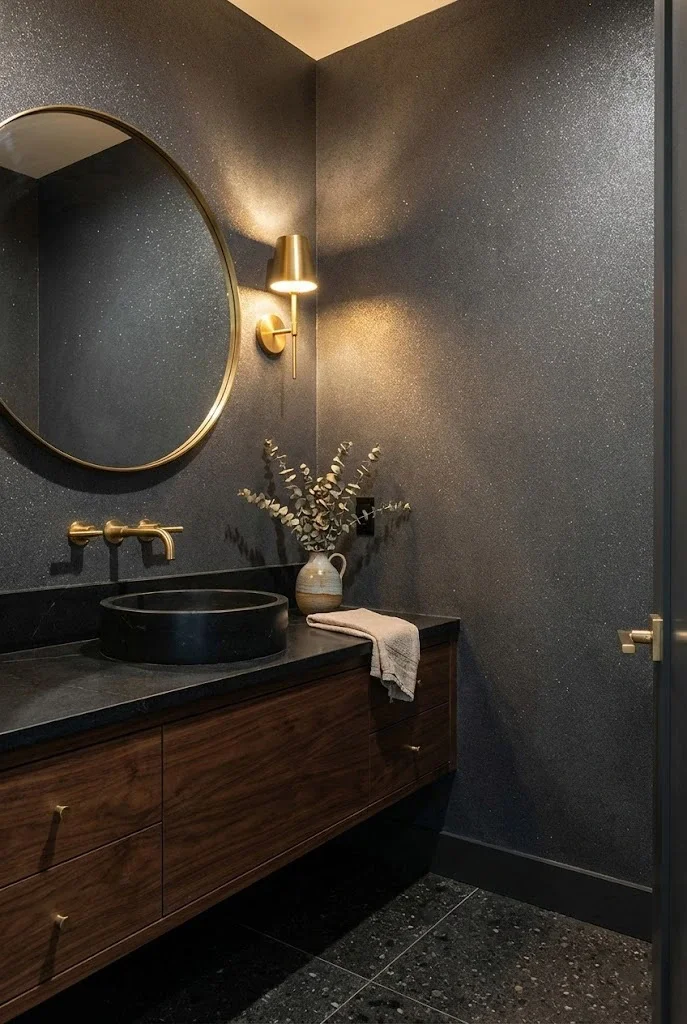 A moody and sophisticated powder room featuring dark charcoal glitter Venetian plaster walls with a subtle shimmer, a floating walnut vanity, and elegant gold wall-mounted fixtures.