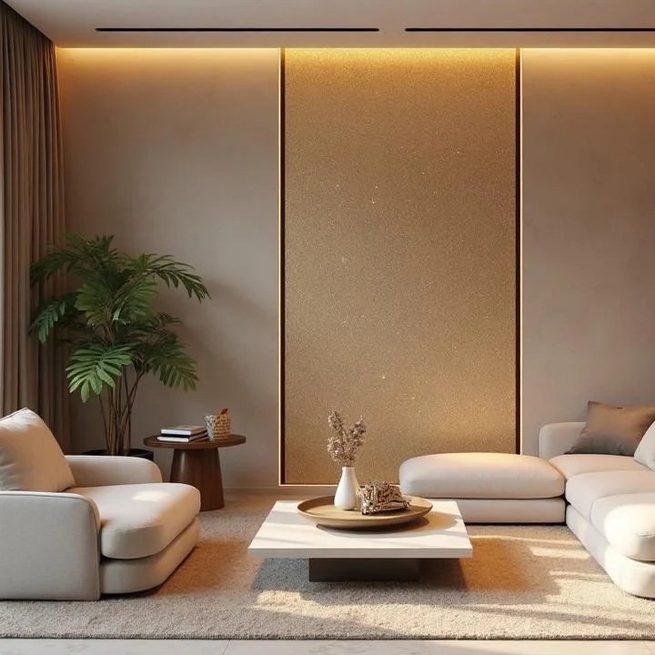 Opulent living space featuring a prominent accent panel with a sparkling glitter plaster finish, illuminated by warm perimeter lighting to highlight the metallic texture.