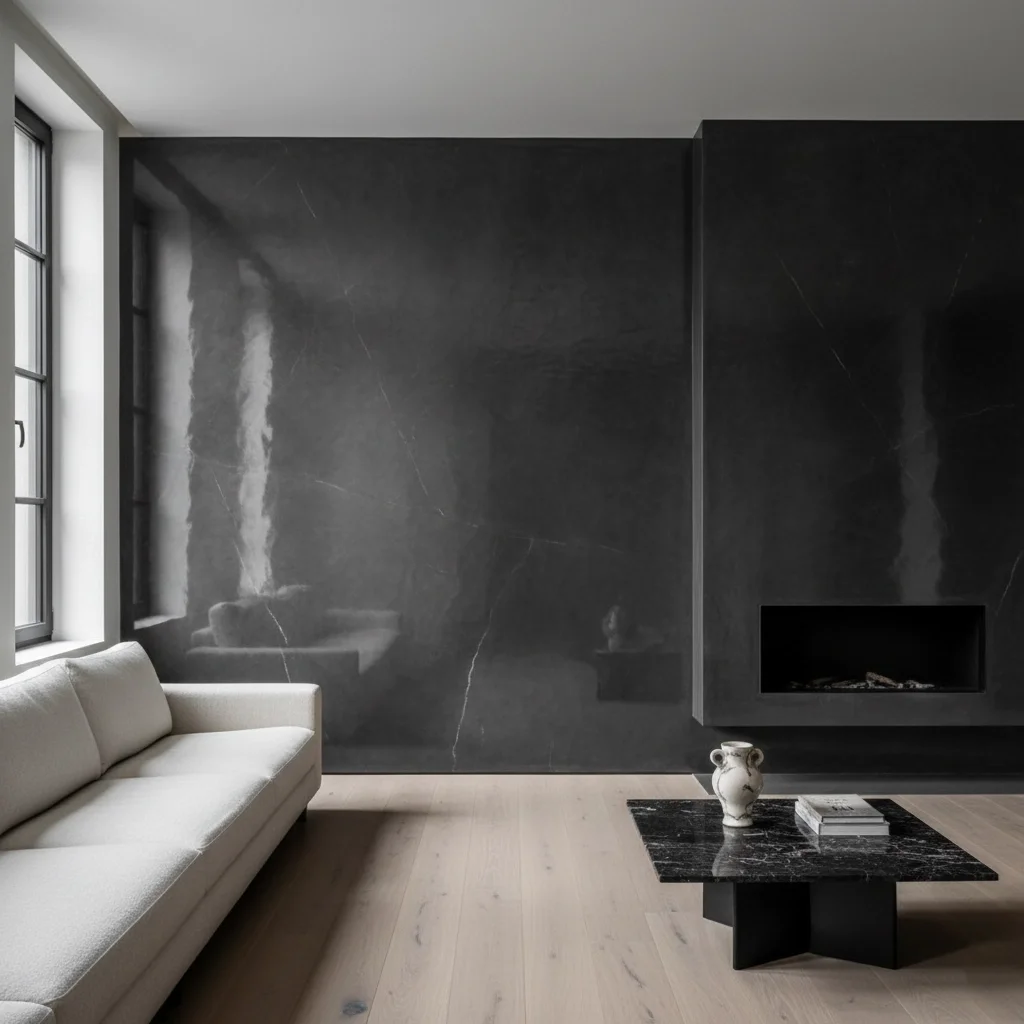 Reflective, high-gloss Venetian plaster feature wall in a deep black finish, resembling polished marble with subtle white veining in a contemporary living space.