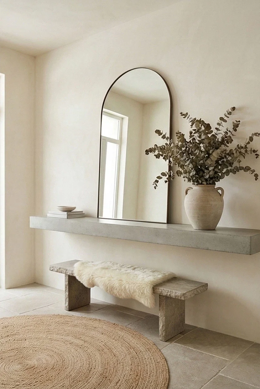 Bright minimalist entryway featuring walls finished in cream limewash paint with soft texture, styled with a large arched mirror, floating shelf, and rustic stone bench.