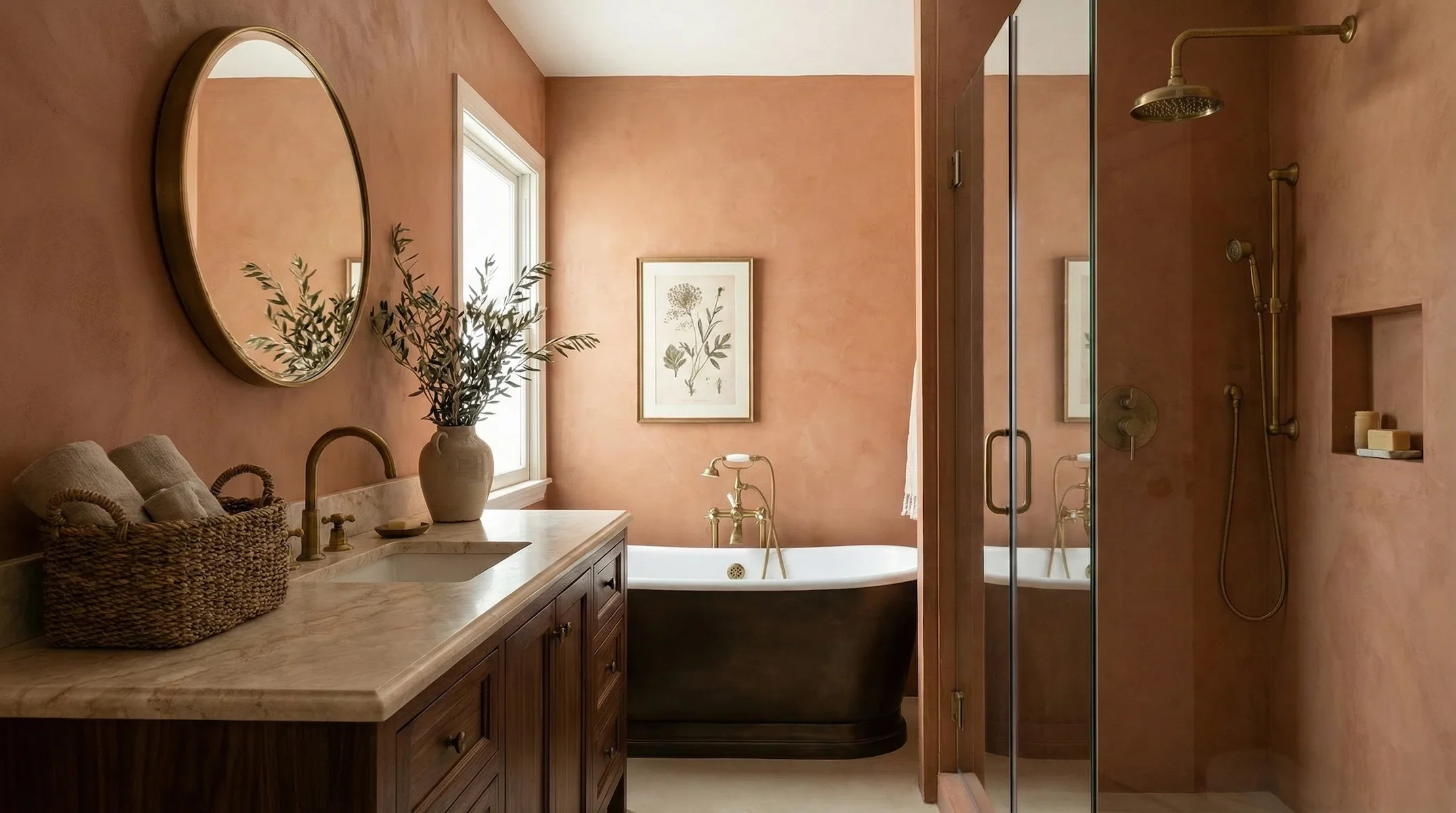 Bathroom with terracotta clay plaster walls, a marble vanity, round mirror, and black clawfoot bathtub.