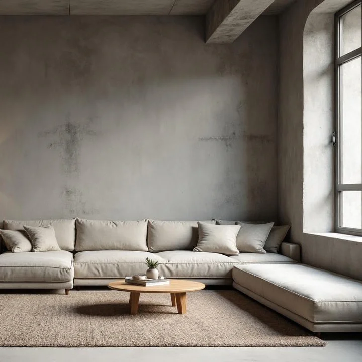 Industrial loft space featuring walls with a distressed concrete plaster finish, creating a raw, authentic urban aesthetic with varied textures.