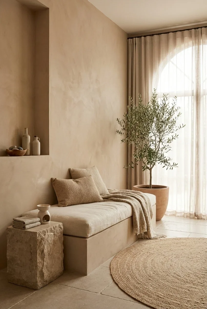 Serene lounge area with warm beige clay plaster walls, a built-in daybed, and a large potted olive tree.