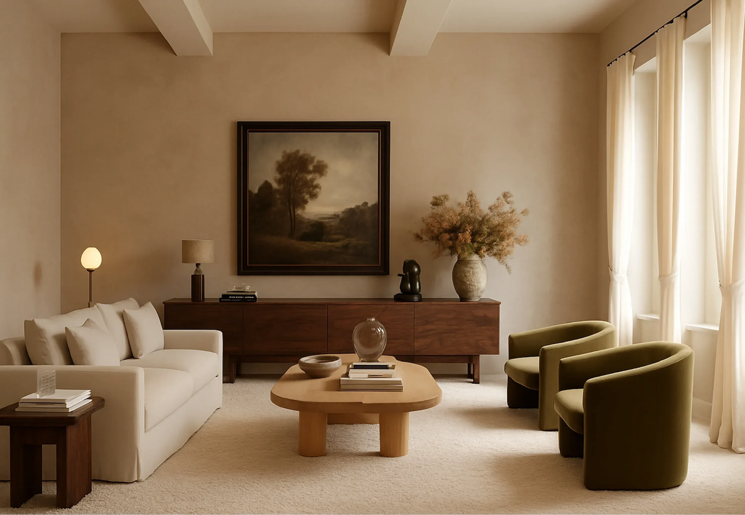 Spacious, modern neutral living room featuring light beige Venetian plaster walls, dark wood accents, and twin olive green curved chairs.