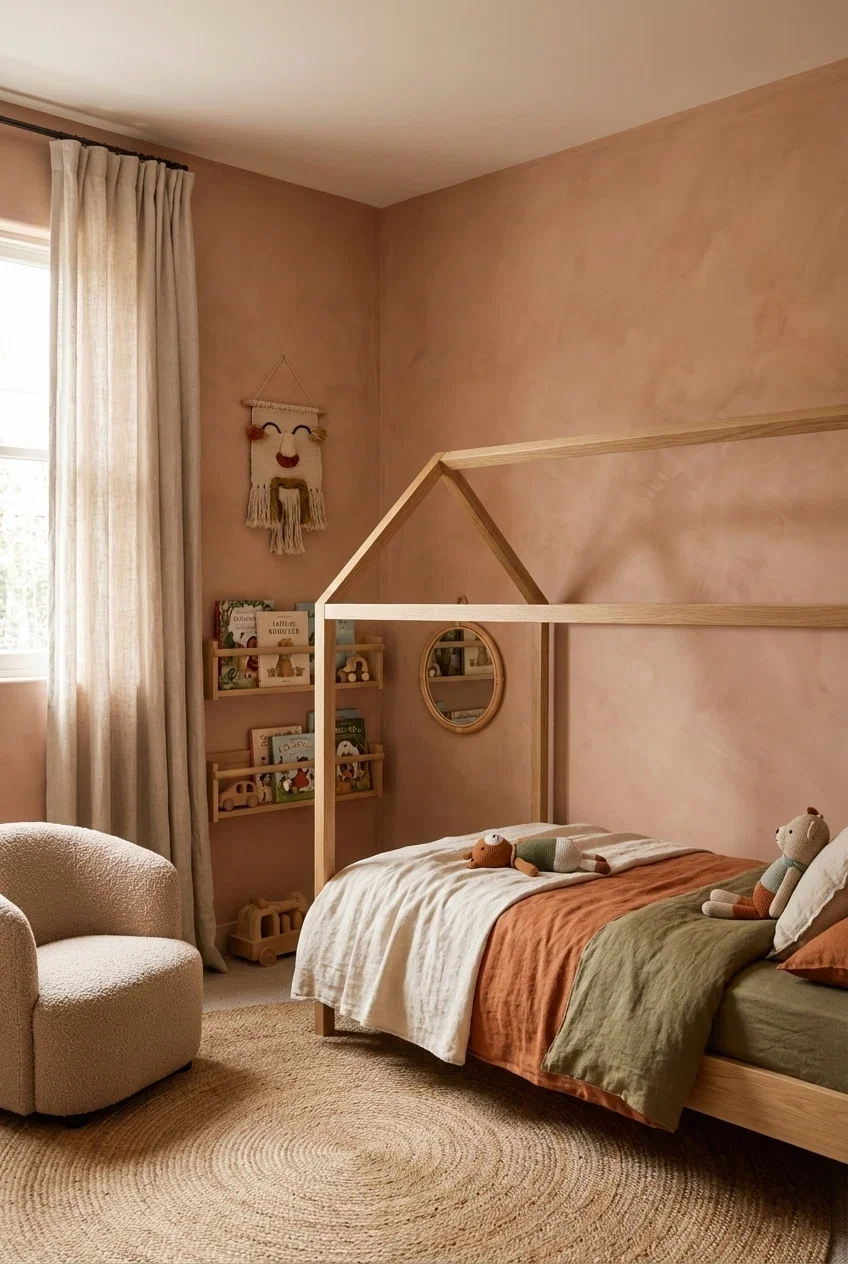 Boho nursery with terracotta clay plaster walls, a wooden house-shaped bed, and a cozy cream armchair.