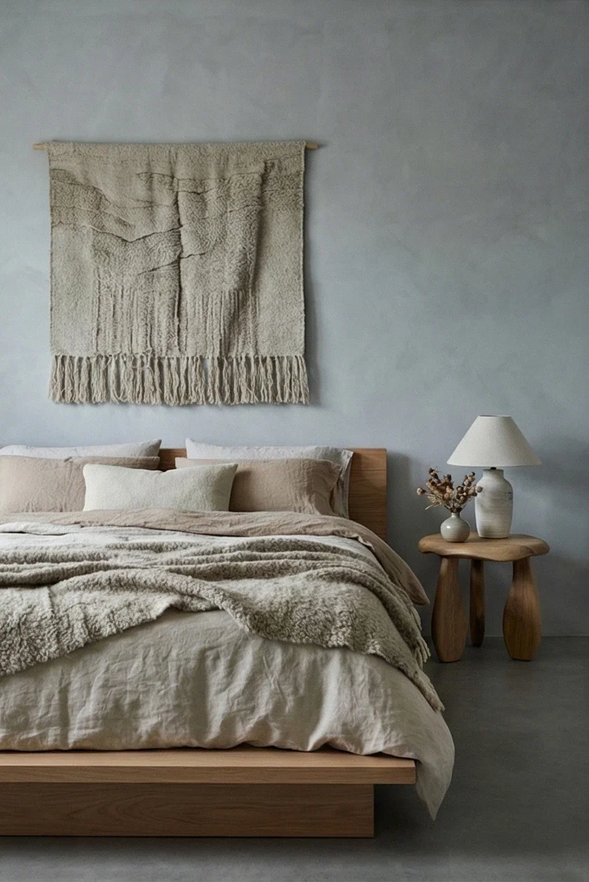 Serene bedroom featuring walls finished in soft blue-grey limewash paint, creating a calming, cloudy texture backdrop for natural linen bedding and a woven wall hanging.