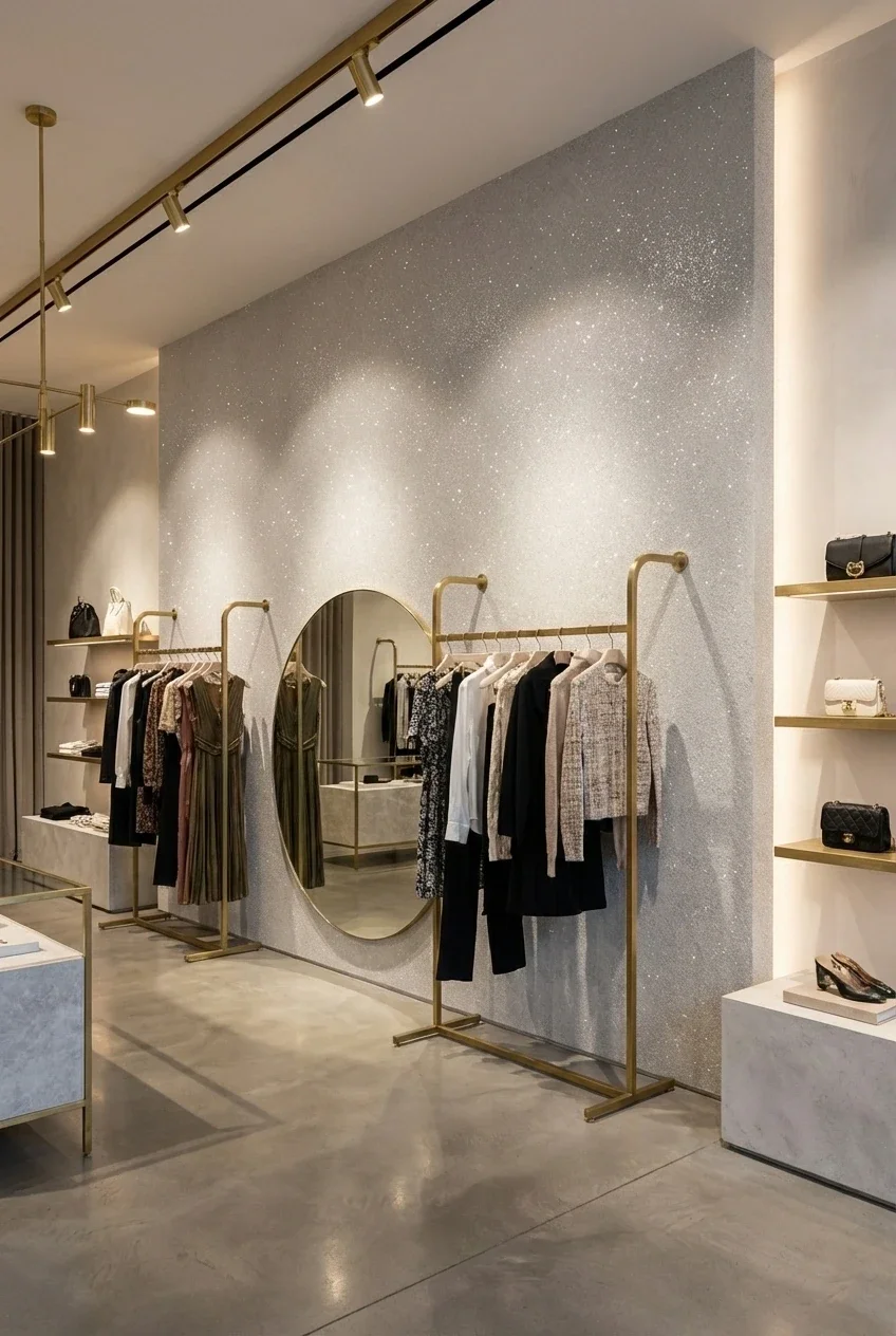 A high-end luxury clothing boutique featuring a large shimmering silver glitter Venetian plaster feature wall, styled with elegant gold clothing racks and a large circular mirror.
