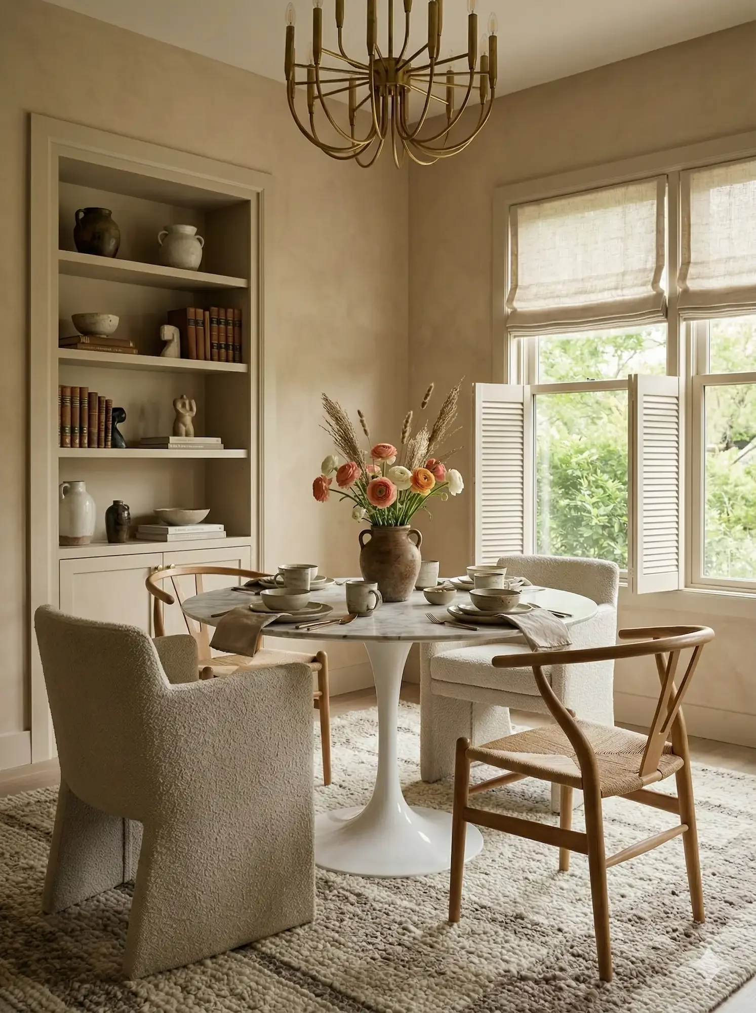 A bright, sophisticated dining room showcasing warm matte suede-finish Venetian plaster walls with a soft tactile texture, featuring a marble tulip table, wishbone chairs, and elegant built-in shelving.