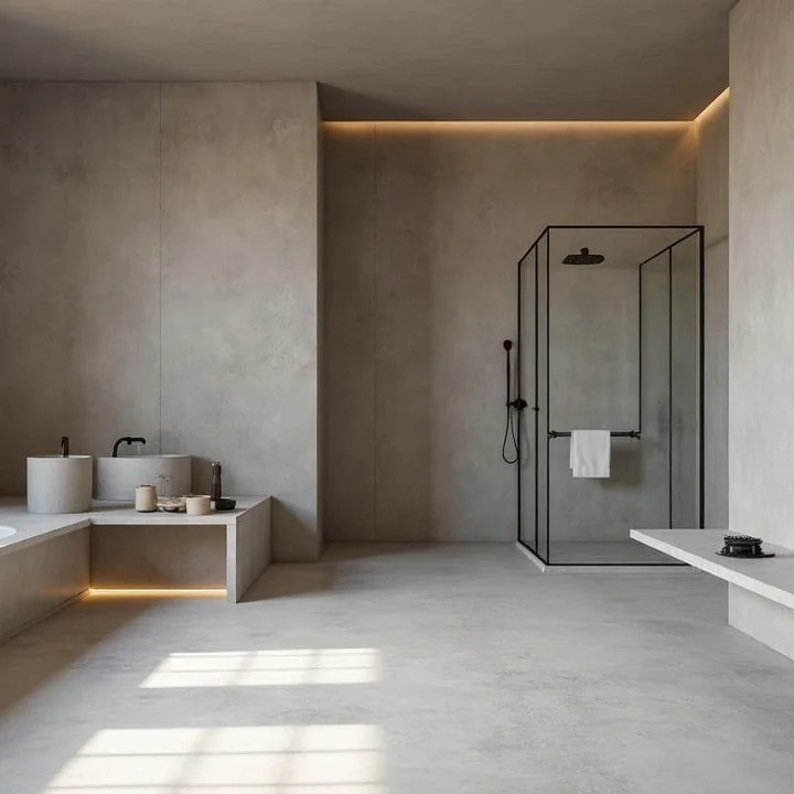 Spacious, minimalist bathroom featuring a seamless microcement finish applied continuously across the floor and walls, creating a sleek, waterproof surface for a spa-like aesthetic.