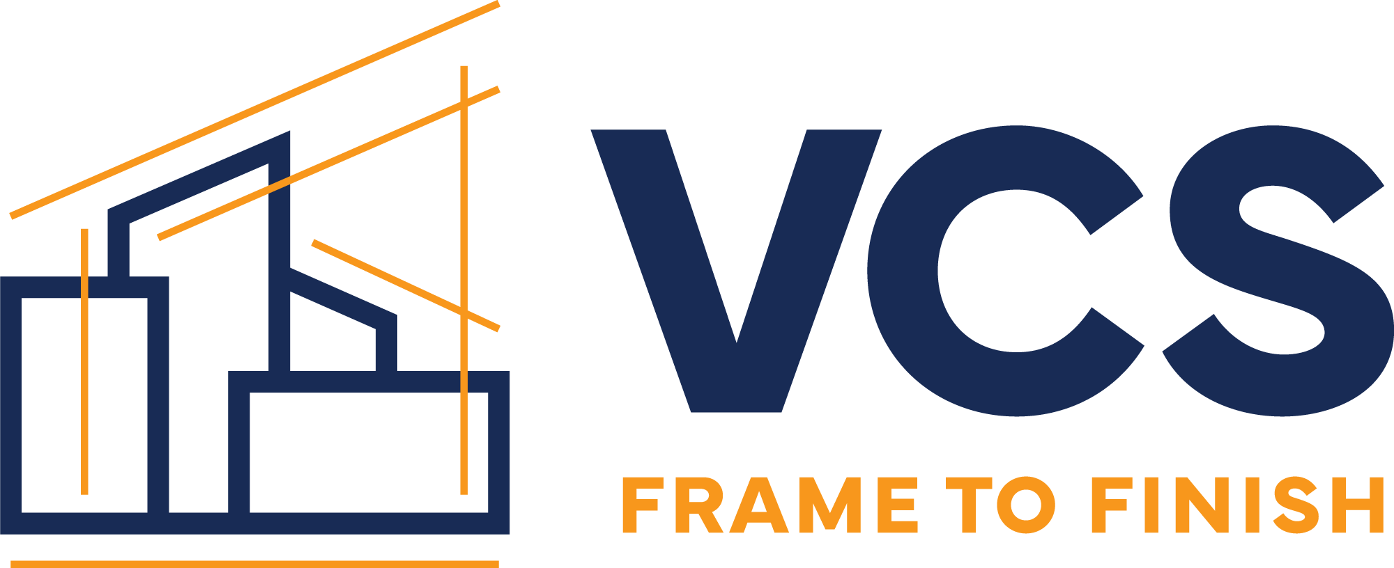 Logo for VCS Frame to Finish featuring a stylized house outline with blue and orange lines and the words "VCS" in bold blue letters and "Frame to Finish" in orange underneath.
