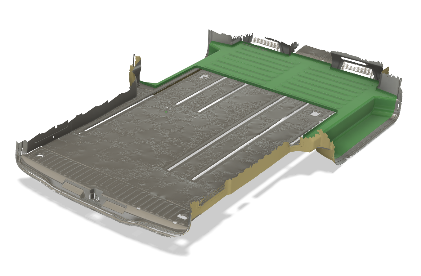 3D model of a rectangular metal structure with green, gray, and beige components, likely a part of an electronic or mechanical device.