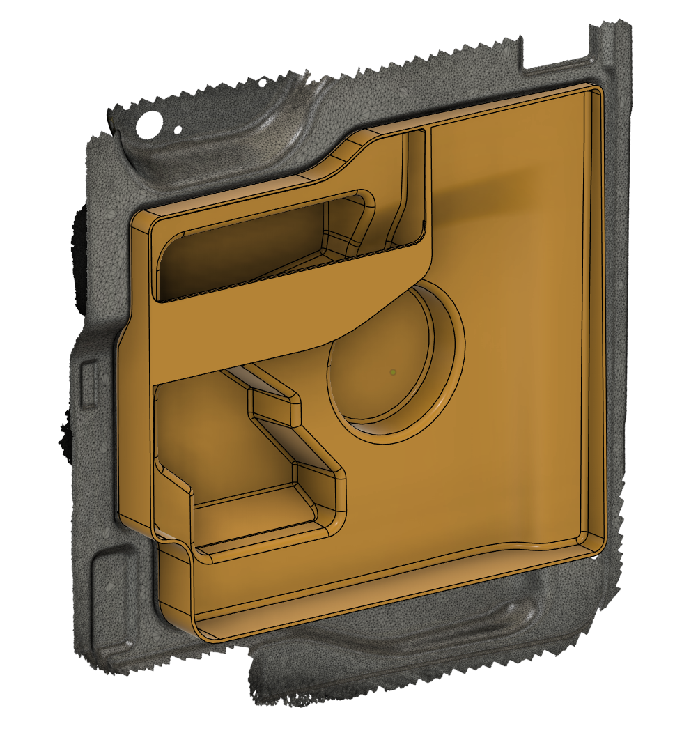 Final CAD model of custom rear door stowage compartment designed from 3D scan data