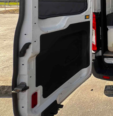 Ford Transit rear door interior surface used as reference for 3D scanning and custom storage design