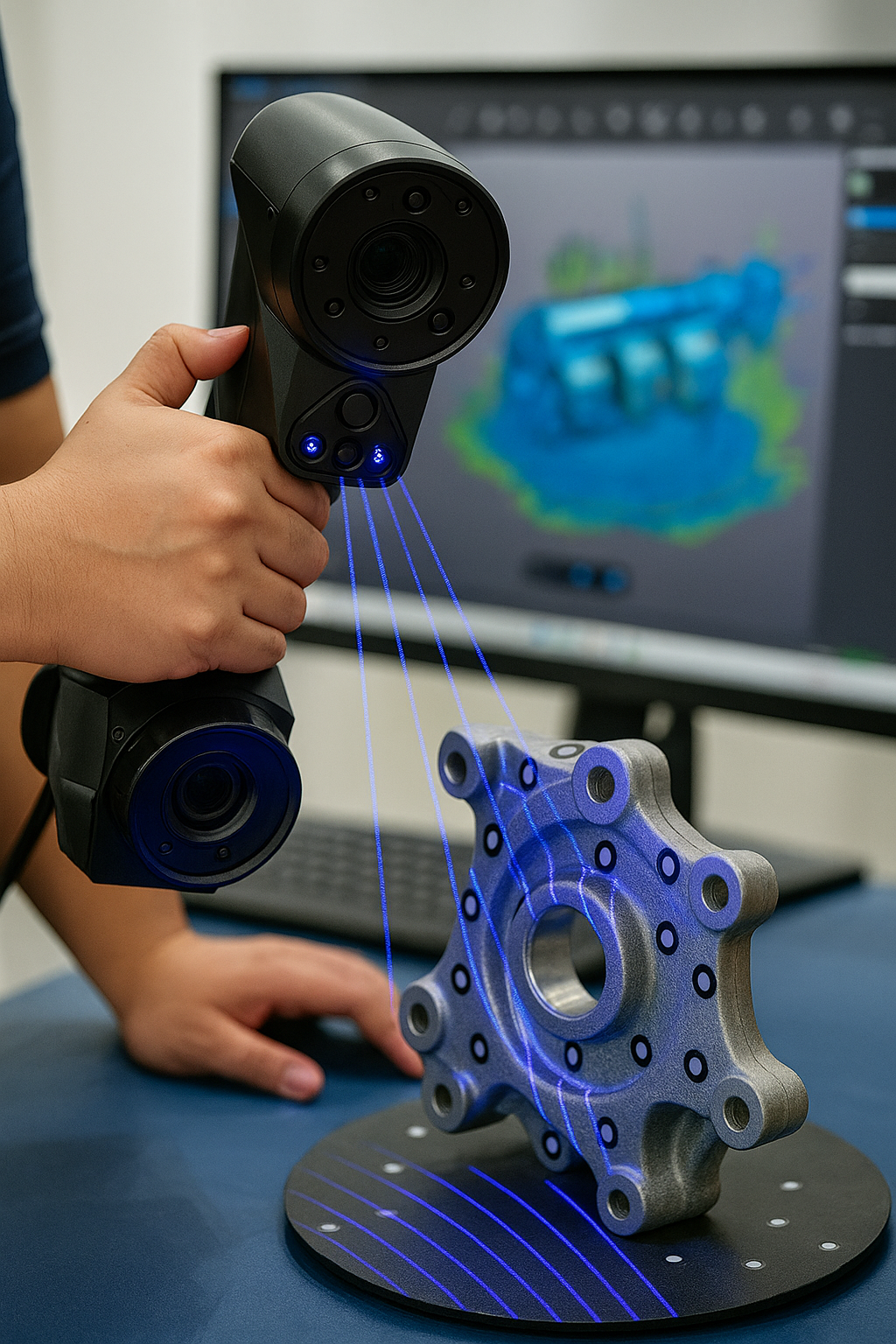 Person using a 3D scanner with blue laser lines to scan a metal mechanical part on a turntable in front of a computer monitor displaying a 3D model.