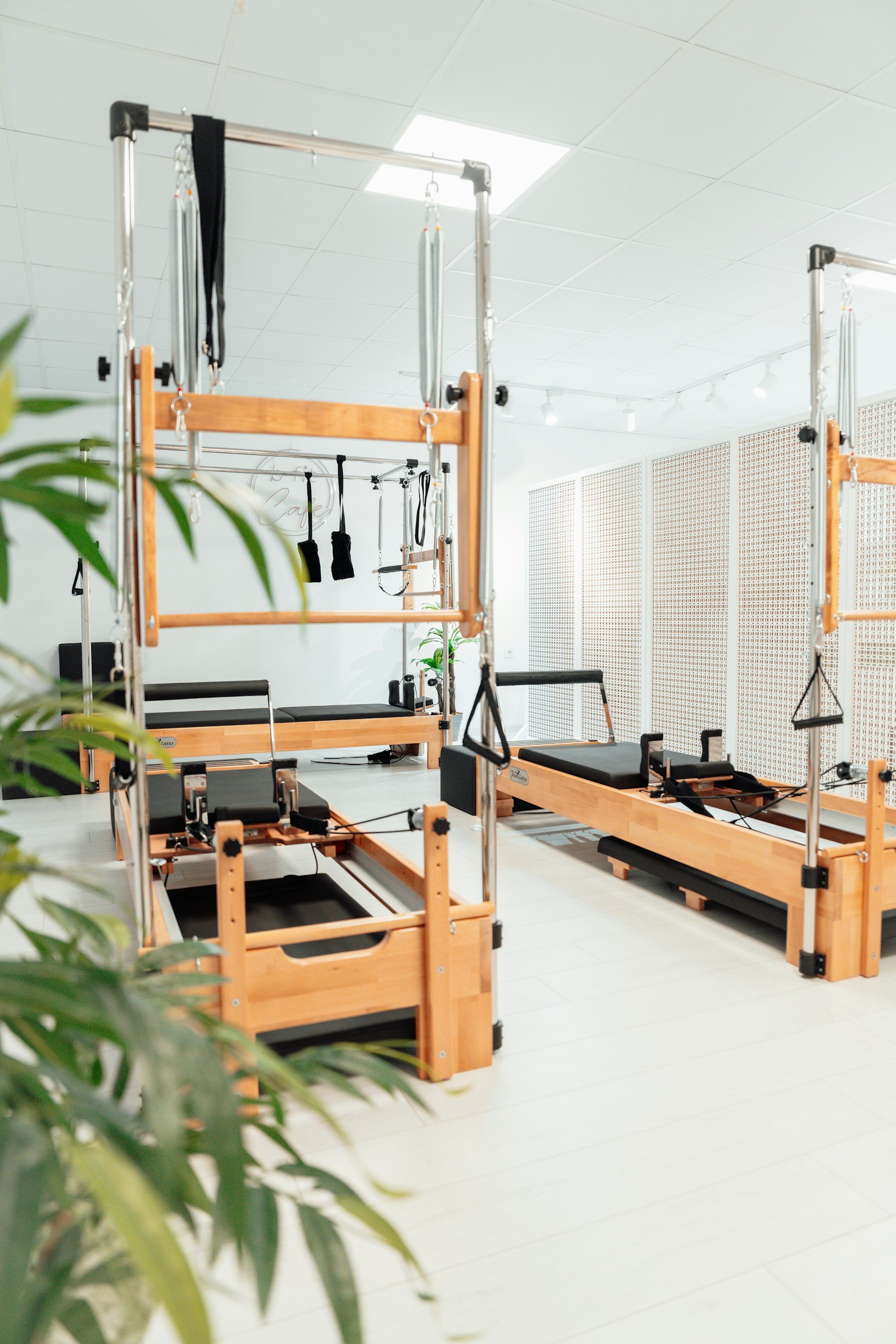 Pilates studio with wooden reformer machines, some with black padding, arranged in a spacious, well-lit room with white walls and ceiling, plants in the foreground, and light-colored flooring.