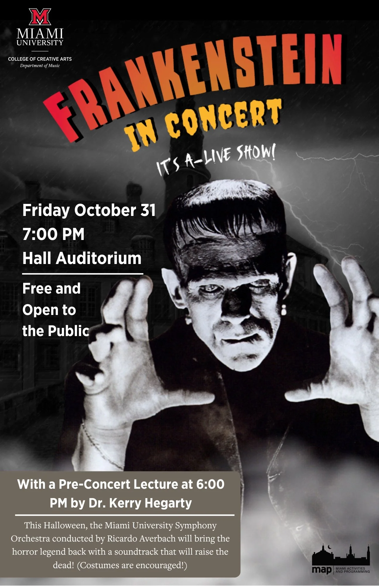 A print flyer created for the showing of Frankenstein at the University Auditorium.