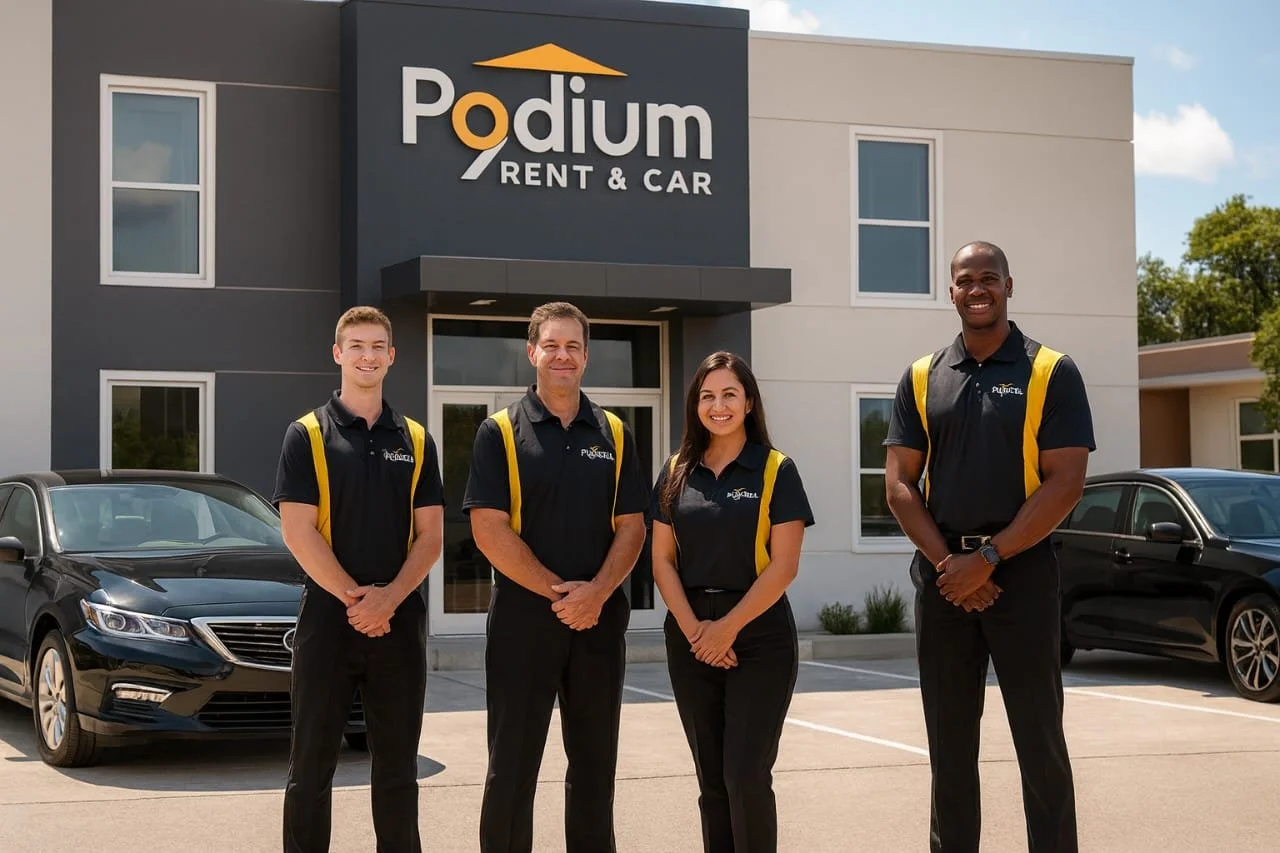 Equipe de quatro funcionários do locadora de carros Podium Rent & Car em frente à loja, todos vestindo uniformes pretos com detalhes amarelos, na frente de dois carros pretos, ao lado de uma fachada moderna com o logo da empresa.