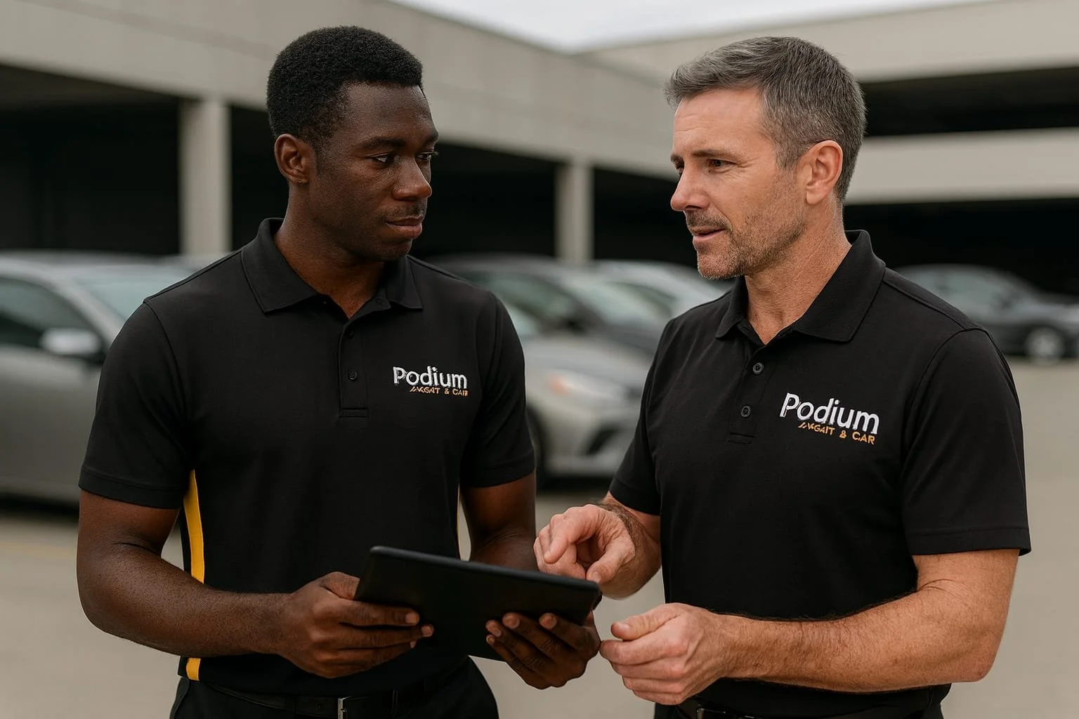 Dois homens usando camisas pretas com o logo 'Podium' conversando ao lado de carros estacionados.