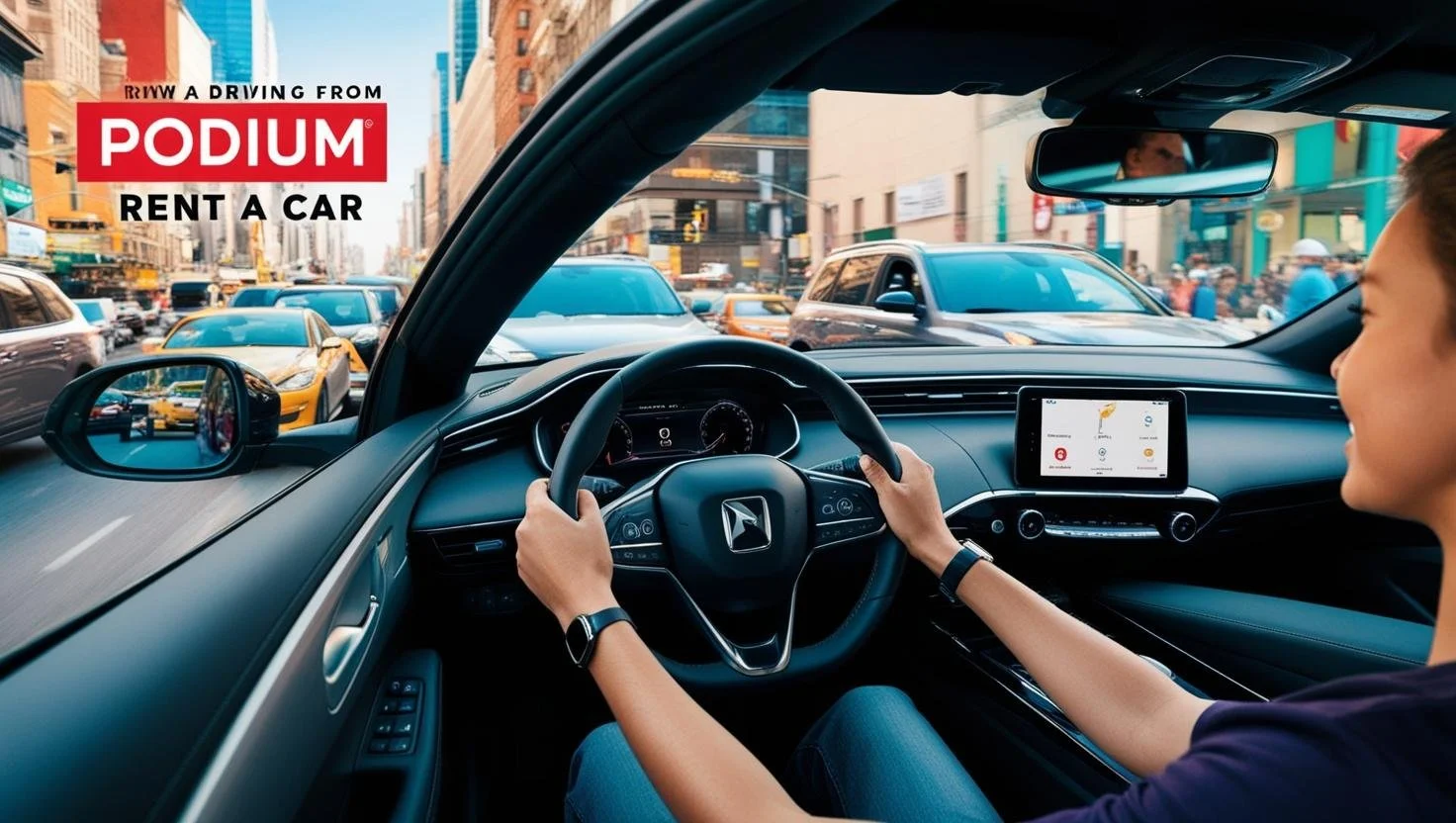 Interior de um carro com uma mulher dirigindo em uma rua movimentada com muitos carros e pessoas, com um painel de tecnologia ao centro e uma vista urbana ao fundo.