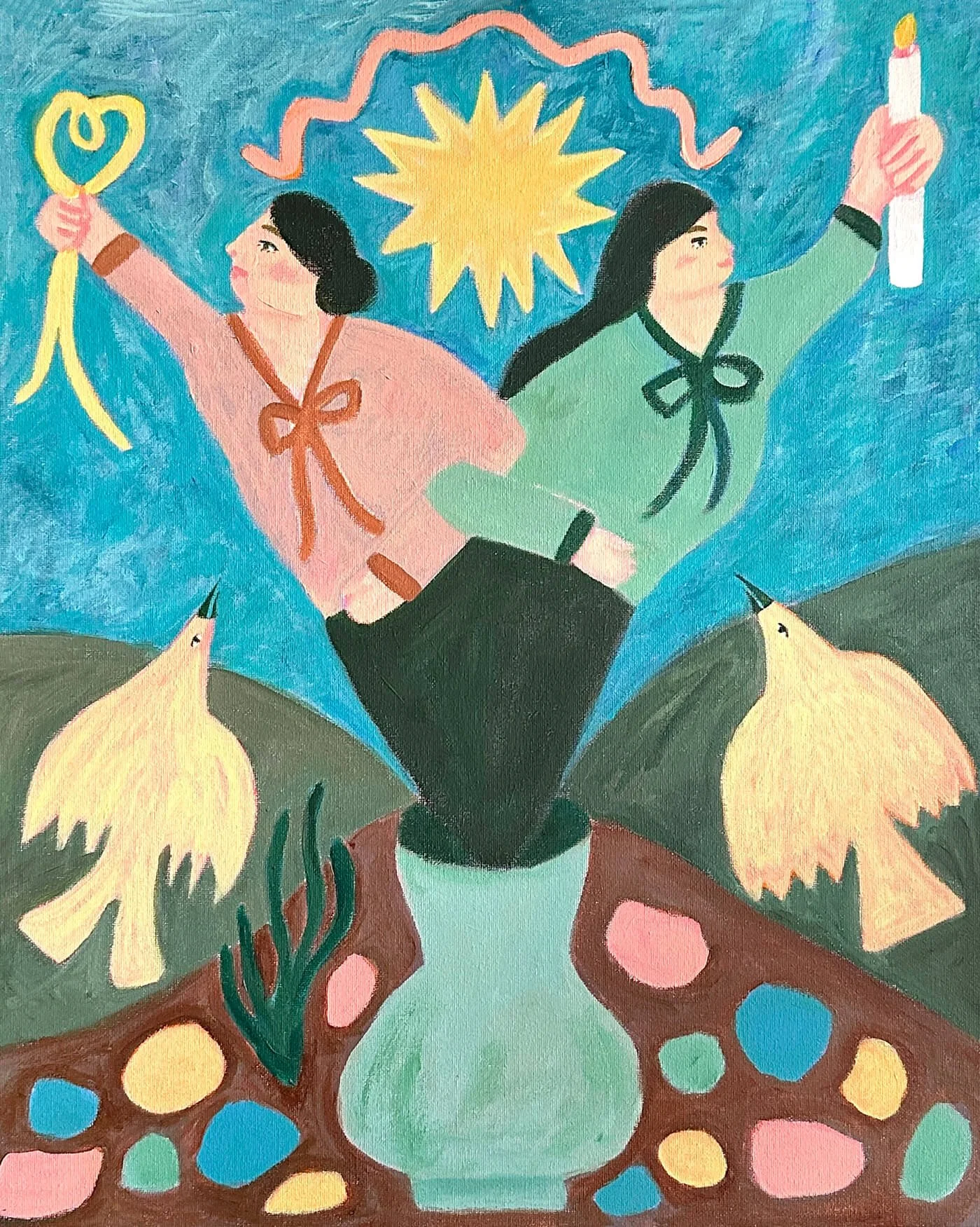 Colorful painting of two women holding candles and a heart-shaped object, with a bright star, birds, and a decorative table with colorful stones.