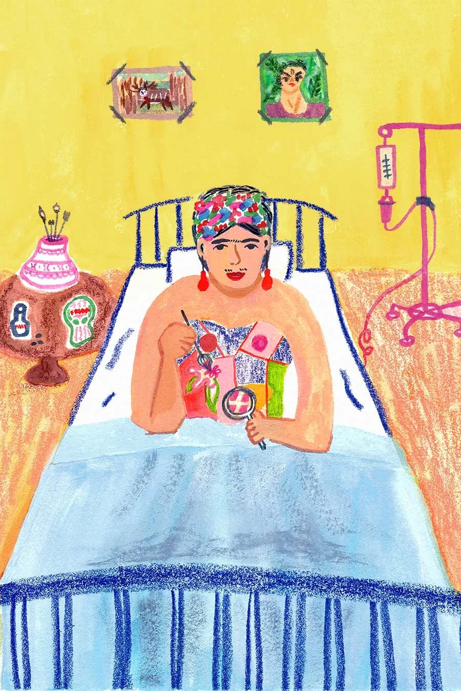 A woman with a colorful headscarf and red earrings sitting in a hospital bed, holding a cocktail glass with a straw and pink umbrella, in a room with yellow walls, framed pictures, a pink medical IV stand, and a small nightstand with a pink cake and 