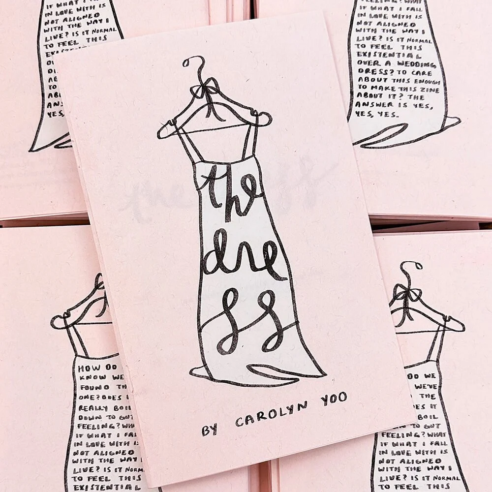 Pink zine by Carolyn Yoo featuring hand-drawn illustrations and text about clothing and daily life.